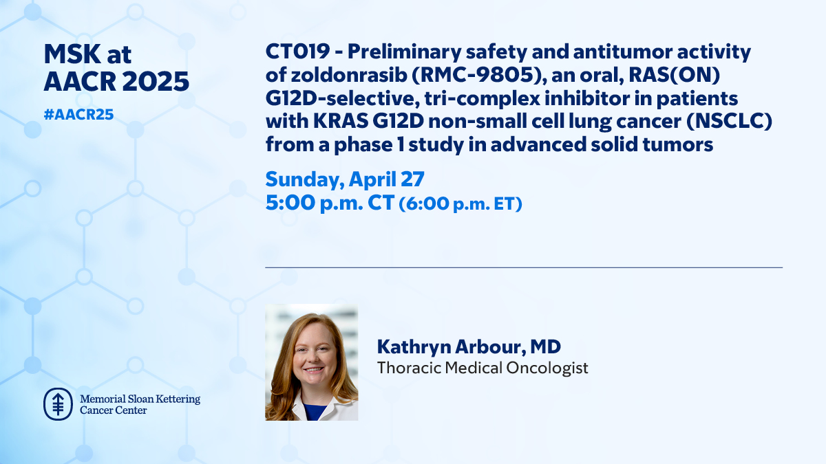 Memorial Sloan Kettering Cancer Center (@mskcancercenter) on Twitter photo Join MSK thoracic medical oncologist Dr. Kathryn Arbour (<a href="/KCArbourMD/">Kathryn C. Arbour</a>) for a plenary session titled “Preliminary safety and antitumor activity of zoldonrasib (RMC-9805), an oral, RAS(ON) G12D-selective, tri-complex inhibitor in patients with KRAS G12D non-small cell lung cancer Join MSK thoracic medical oncologist Dr. Kathryn Arbour (<a href="/KCArbourMD/">Kathryn C. Arbour</a>) for a plenary session titled “Preliminary safety and antitumor activity of zoldonrasib (RMC-9805), an oral, RAS(ON) G12D-selective, tri-complex inhibitor in patients with KRAS G12D non-small cell lung cancer
