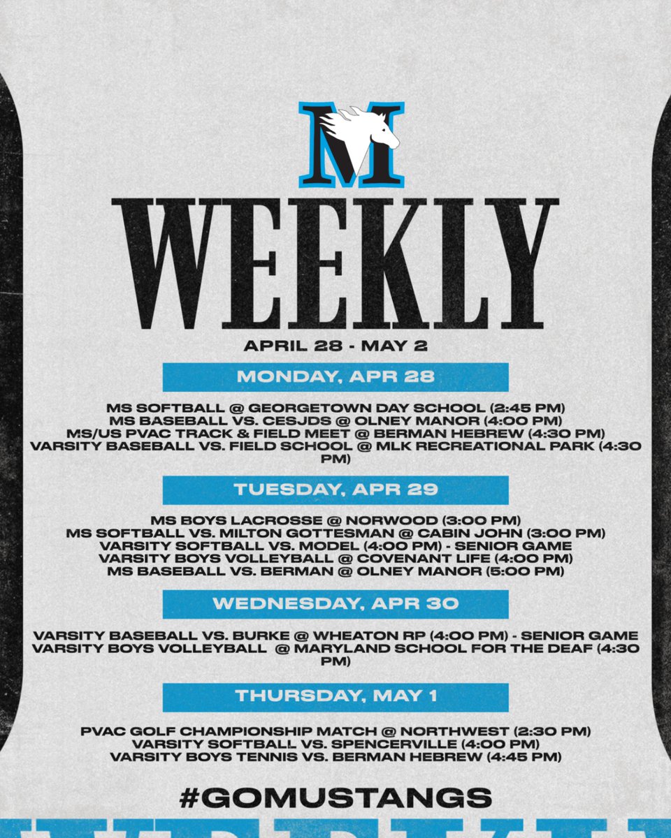 This Week at #McLeanSchool

We are winding down to the last couple weeks of the spring season, so please make sure to come out and support our student-athletes &amp; coaches.

Go Mustangs!