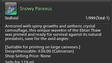 Endwalker Big Fishing? Done! All that's left between me and <Final Fish> is Stethacanthus, Lancetfish, and Ealad Skaan. -- God I had Salad fish...