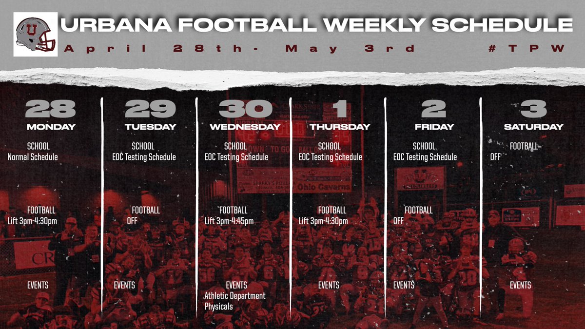 RecruitUrbanaFB's tweet image. Schedule for the Week! Its May already. Keep putting in the work Climbers! #TPW #PlateParadise