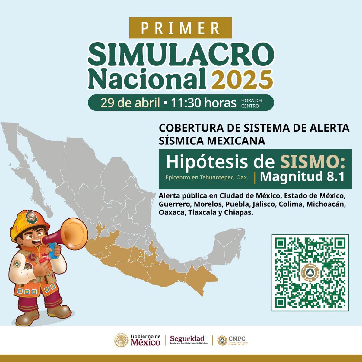 cultura_mx's tweet photo. Este martes 29 de abril, a las 11:30 h, se lleva a cabo el Primer Simulacro Nacional 2025, en él, las 32 entidades federativas, los tres niveles de gobierno y la ciudadanía en general atenderá los protocolos necesarios ante un evento de emergencia. 

La zona central tendrá una hipótesis de sismo de 8.1 de magnitud, el resto de los estados tendrán una simulacro basado en las emergencias de mayor frecuencia en sus territorios. La participación ciudadana en los simulacros ayuda a salvar vidas en circunstancias reales.