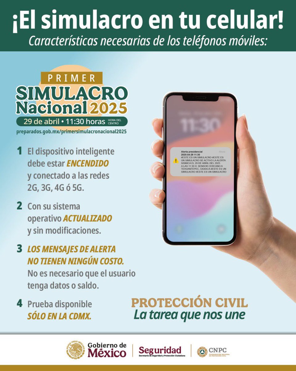 cultura_mx's tweet photo. Este martes 29 de abril, a las 11:30 h, se lleva a cabo el Primer Simulacro Nacional 2025, en él, las 32 entidades federativas, los tres niveles de gobierno y la ciudadanía en general atenderá los protocolos necesarios ante un evento de emergencia. 

La zona central tendrá una hipótesis de sismo de 8.1 de magnitud, el resto de los estados tendrán una simulacro basado en las emergencias de mayor frecuencia en sus territorios. La participación ciudadana en los simulacros ayuda a salvar vidas en circunstancias reales.