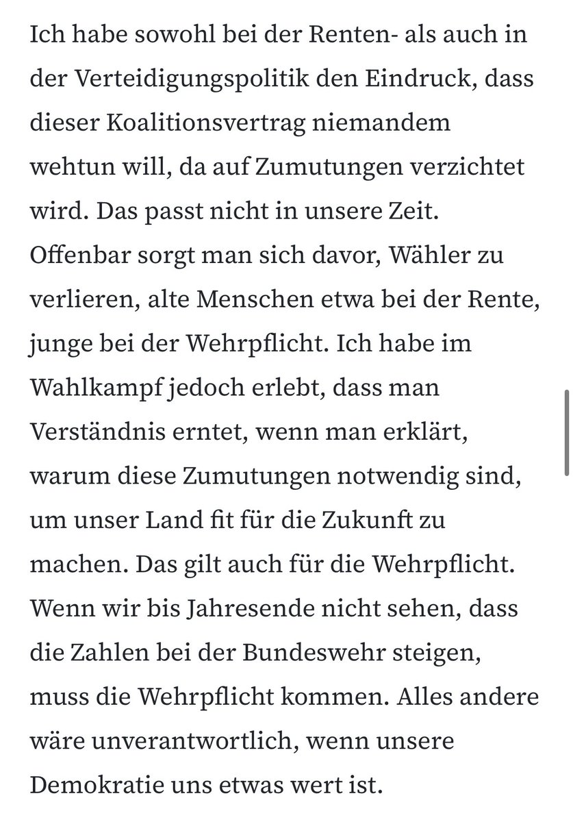 „Ich habe sowohl bei der Renten- als auch in der Verteidigungspolitik den Eindruck, dass dieser Koalitionsvertrag niemandem wehtun will, da auf Zumutungen verzichtet wird. Das passt nicht in unsere Zeit.“

💯

<a href="/johwinkel/">Johannes Winkel</a> in <a href="/faznet/">Frankfurter Allgemeine</a>