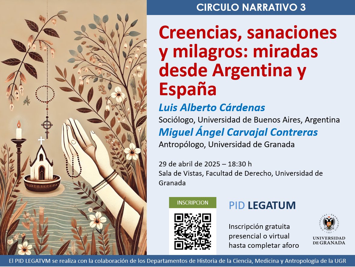 Creencias, sanaciones y milagros: miradas desde Argentina y España
Luis Alberto Cárdenas-Miguel Ángel Carvajal
Sala de Vistas-Facultad Derecho, <a href="/CanalUGR/">Universidad Granada</a>  
29.4.25 18:30 h
#pidlegatum Asistencia libre #círculonarrativo  presencial-virtual
<a href="/fundacionindex/">Fundación Index</a>
fundacionindex.com/madrasa/archiv…