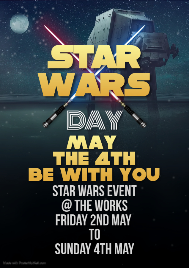 lk_maureen's tweet photo. "May the Force be with you, as you celebrate with us!" at The Works, Limerick from Friday May 2nd to Sunday May 4th. Mark your calendars &amp; join us for a weekend of inter-galactic fun , dress up as your favourite character &amp; strike a pose in our selfie zone! #StarWars #MayThe4th https://t.co/C3iWnEbXDz