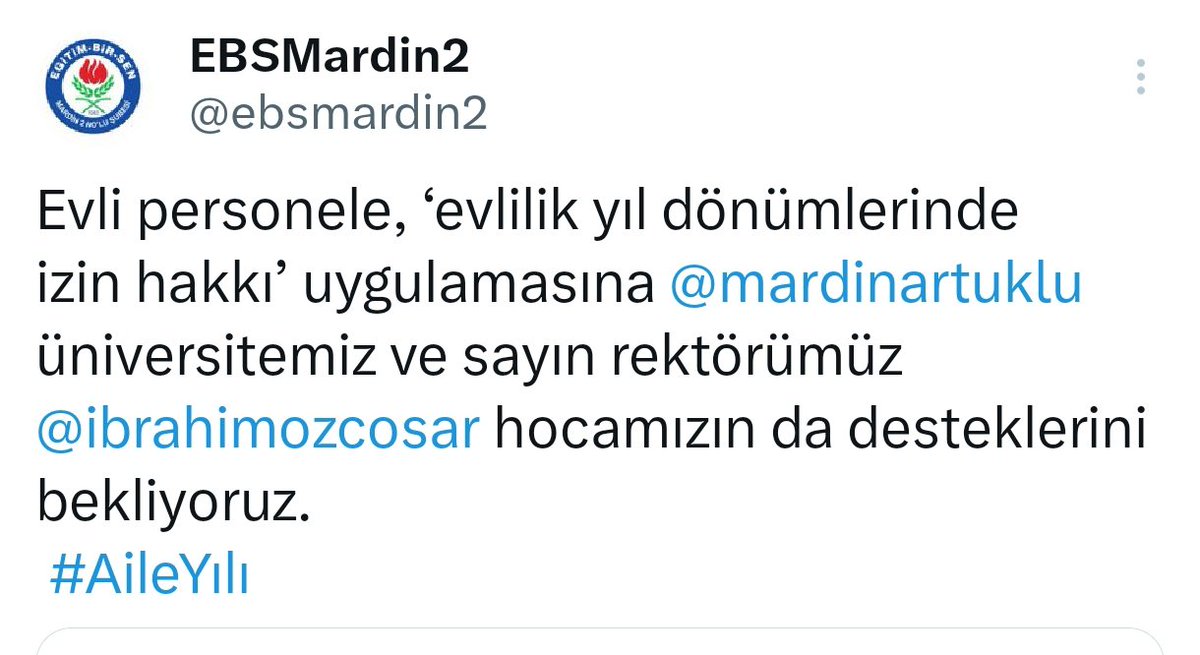 ebsmardin2's tweet photo. Rektör hocamıza verdikleri destek için teşekkür ederiz. 2025 Aile yılında evli personele "evlilik yıl dönümünde izin hakkı" uygulaması hayırlı olsun.
@_aliyalcin_ 
@EgitimBirSen 
@fasihdinc https://t.co/29OdnksQC0