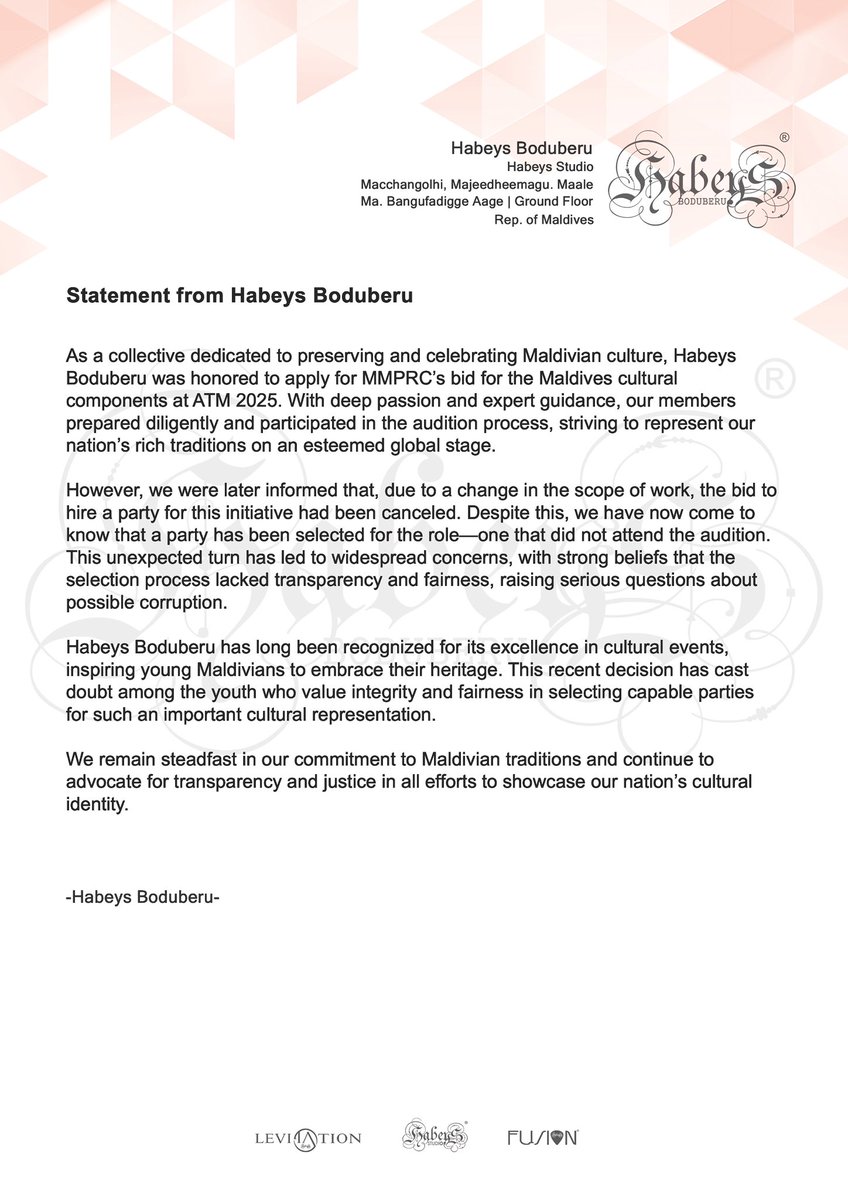 2025 ވަނަ އަހަރު އޭޕްރީލް 28 އިން މެއި 1 އަށް ދުބާއީގައި އޮންނަ އޭ.ޓީ.އެމް ފެއަރގައި ސަގާފީ ހަރަކާތް ހުށައެޅުމަށް ހަބޭސް އިން ހުށައެޅި ބިޑު ބޭއިންސާފުން ކެންސަލް ކުރުމުން ނެރޭ ބަޔާން.
<a href="/mmprc_corporate/">Maldives Marketing & Public Relations Corporation</a> , <a href="/visitmaldives/">Visit Maldives</a>