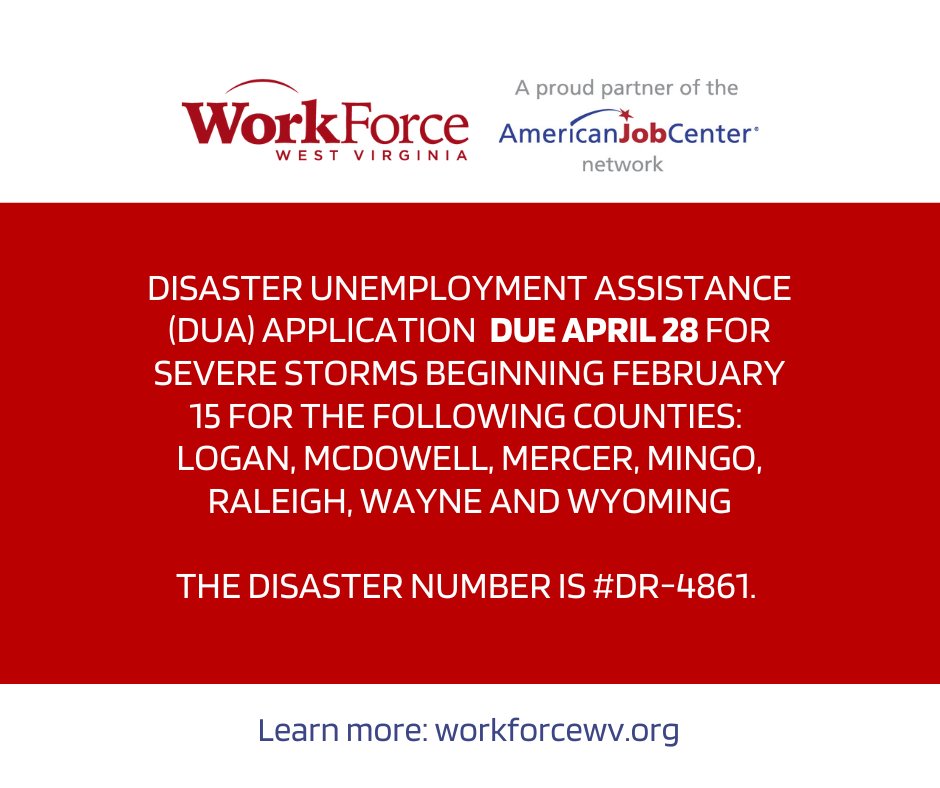 Reminder: Tomorrow is the last day to file for Disaster Unemployment Assistance (DUA) benefits are available to qualifying individuals living or working in specific counties, following severe storms in February 2025. bit.ly/3Gg9pkH