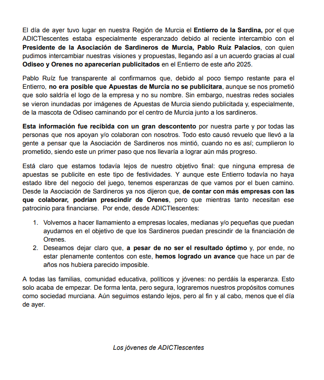 Con respecto a todo lo ocurrido el día de ayer en el #EntierroSardina25.

Seguimos (y seguiremos) trabajando para que las administraciones permitan que nuestros jóvenes crezcan sanos y libres.

No estamos todavía donde querríamos estar, pero vamos en camino.

Muchas gracias