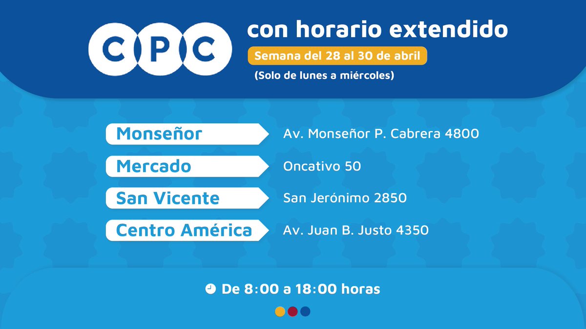 #ATENCIÓN | ✅ Estos son los CPC que atenderán con horario extendido esta semana: 

📍Monseñor (avenida Monseñor P. Cabrera 4800)
📍Mercado (Oncativo 50)
📍San Vicente (San Jerónimo 2850)
📍Centro América (avenida Juan B. Justo 4350)
