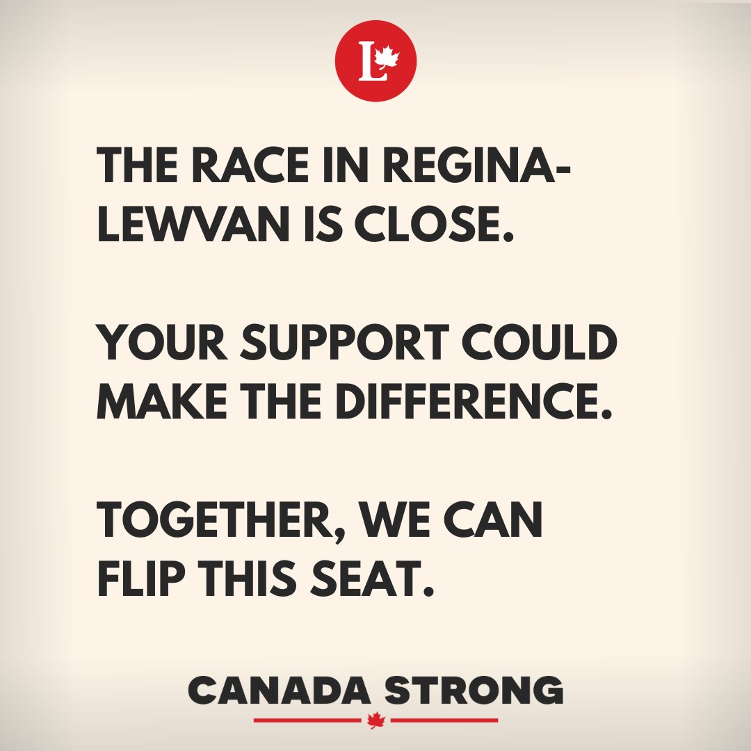 Tomorrow’s the day.

The race here in Regina–Lewvan is close, and every single vote counts.

If you want change for our community — if you want a strong voice fighting for our Saskatchewan in Ottawa — I’m asking for your support.

Let’s flip this seat, together. #CanadaStrong