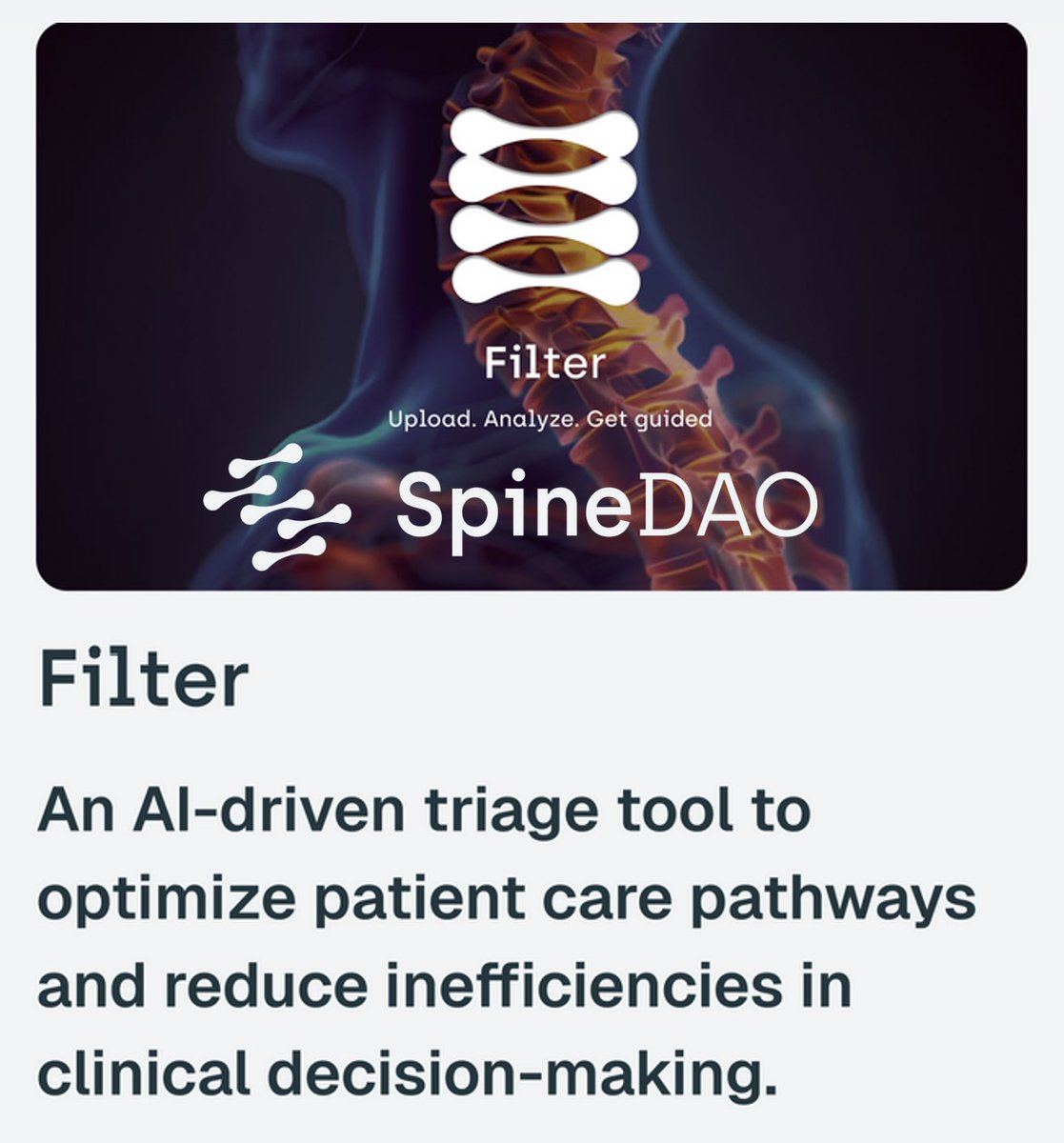 Bassel G. Diebo, MD (@basseldiebo) on Twitter photo <a href="/Spine_DAO/">SpineDAO</a> AI-Agent #Filter will save <a href="/BCBSAssociation/">Blue Cross Blue Shield Association</a>, <a href="/UHC/">UnitedHealthcare</a> and <a href="/MedicareGov/">Medicare.gov</a> hundreds of millions of dollars a year. The math is simple:
- In the U.S: 2.63 million patients visit the ED for back pain a year
- Only 6% get admitted to the hospital, aka 94% (2.4M) go home and could <a href="/Spine_DAO/">SpineDAO</a> AI-Agent #Filter will save <a href="/BCBSAssociation/">Blue Cross Blue Shield Association</a>, <a href="/UHC/">UnitedHealthcare</a> and <a href="/MedicareGov/">Medicare.gov</a> hundreds of millions of dollars a year. The math is simple:
- In the U.S: 2.63 million patients visit the ED for back pain a year
- Only 6% get admitted to the hospital, aka 94% (2.4M) go home and could