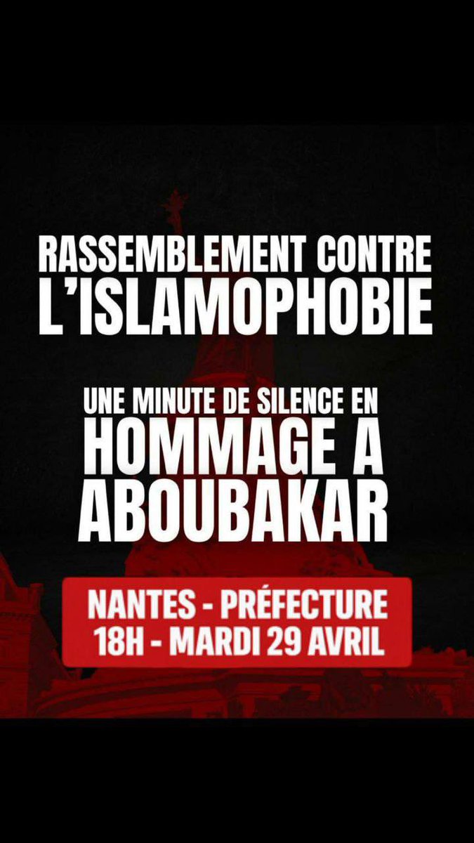 LFI_44's tweet photo. 🔴 Un crime islamophobe a frappé La Grand-Combe.
À Nantes, répondons par l’unité :
🗓 Mardi 29/04 · 18 h · Préfecture
🕯 Rassemblement contre l’islamophobie et minute de silence pour Aboubakar
✊🏽 Répondons présent•es https://t.co/NvrAyRfjPX