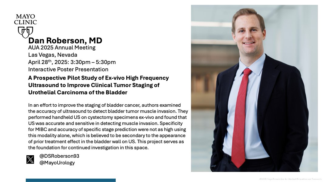 Mayo Clinic Urology (@mayourology) on Twitter photo Don't miss @dsroberson93 presenting "A Prospective Pilot Study of Ex-Vivo High Frequency Ultrasound to Improve Clinical Tumor Staging of Urothelial Carcinoma of the Bladder"
Monday, April 28, 3:30 pm poster session
#AUA24 <a href="/AmerUrological/">Amer. Urol. Assn.</a> Don't miss @dsroberson93 presenting "A Prospective Pilot Study of Ex-Vivo High Frequency Ultrasound to Improve Clinical Tumor Staging of Urothelial Carcinoma of the Bladder"
Monday, April 28, 3:30 pm poster session
#AUA24 <a href="/AmerUrological/">Amer. Urol. Assn.</a>