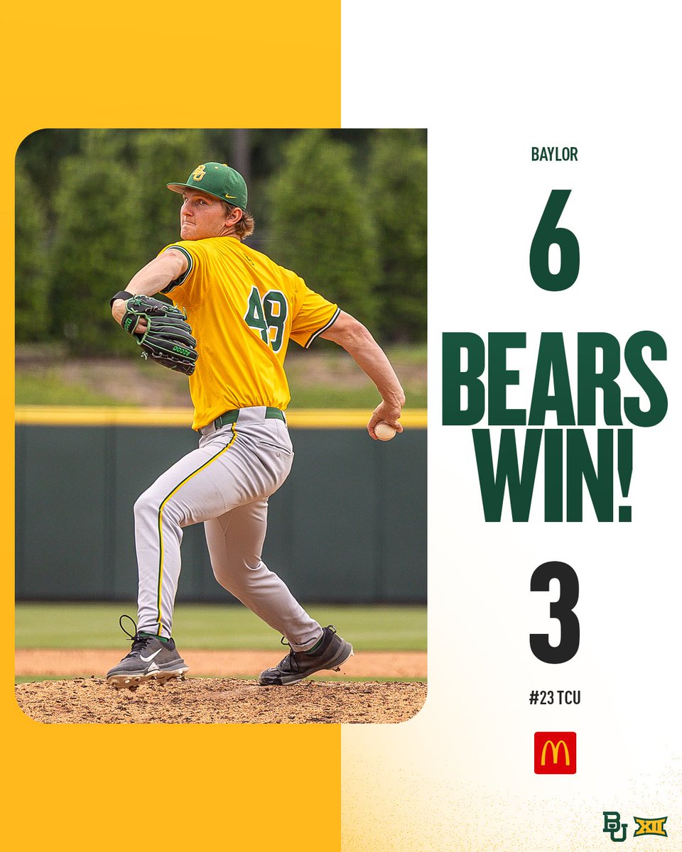 BEARS WIN! 🐻🔥👏

Lucas Davenport delivers 3.2 scoreless innings of relief, Sanders, Riebock and Johnson combine for 7 hits and 3 RBIs, and Gabe Craig SLAMS the door in the 9th!

#SicEm 🐻⚾️ | #Together