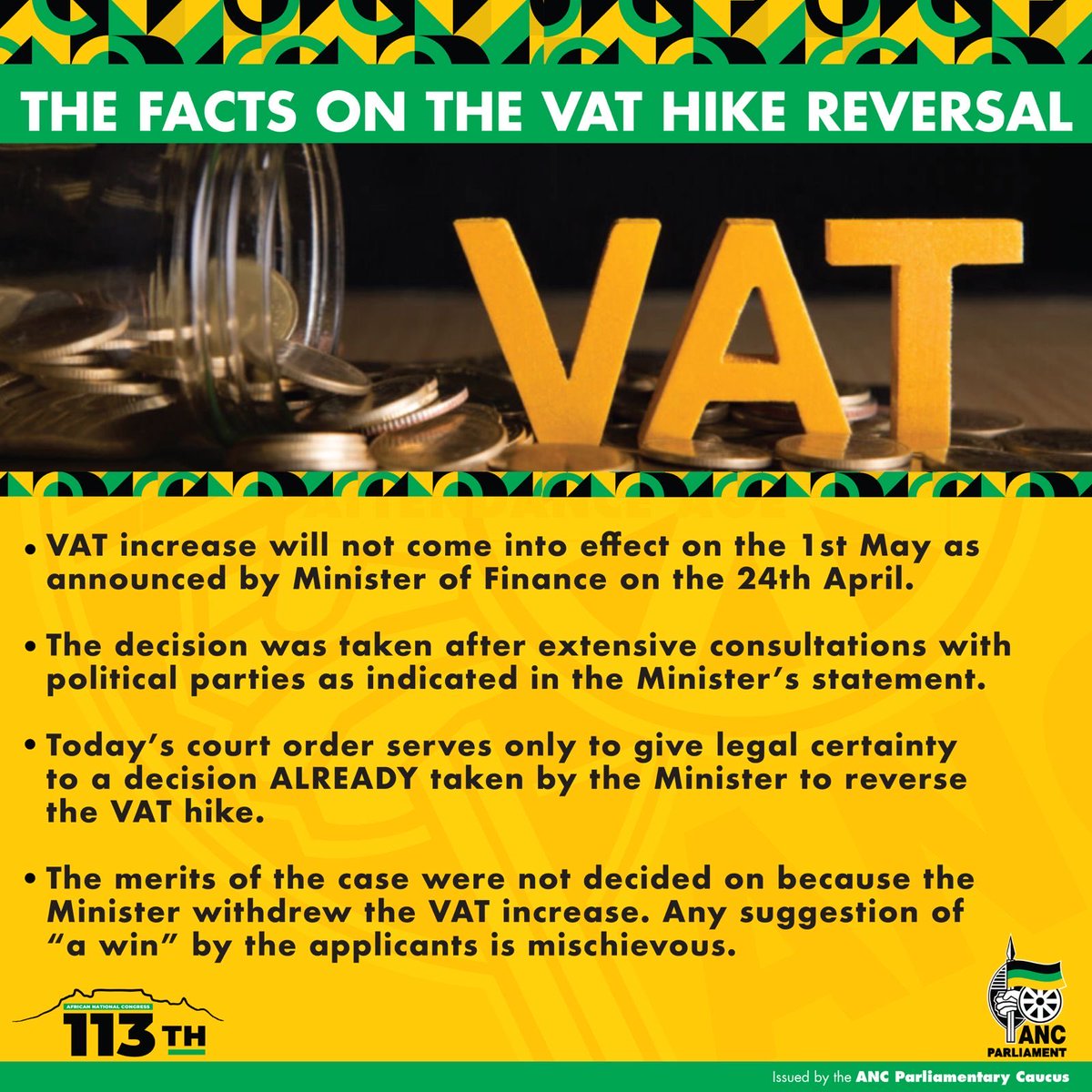 sompisi_g's tweet image. Let me just state the following facts:
1. VAT was removed by the Minister. 2 SARS wrote to vendors that those who struggle to change it have until 15 May. 3. DA & EFF affidavits sent to court Friday and yesterday for a court were just to give legal certainty