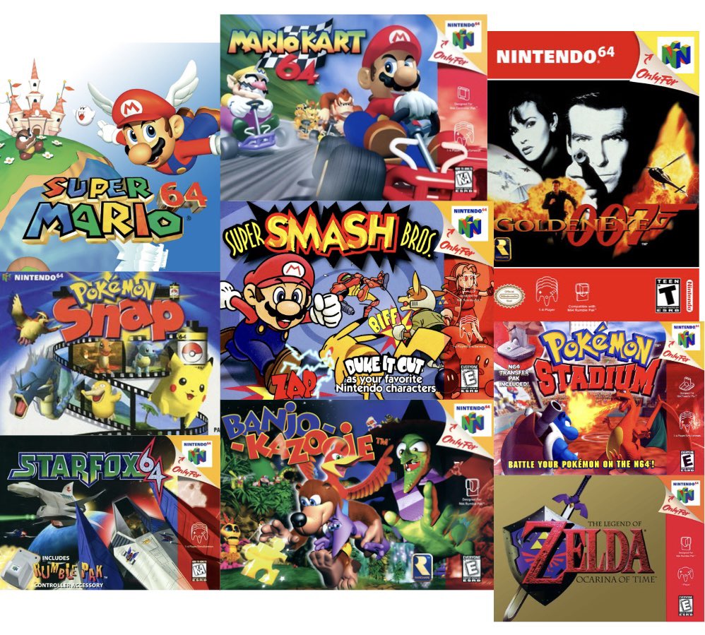 Super Mario 64
Golden Eye 007
Banjo Kazooie
Mario Kart 64
StarFox 64
Super Smash Bros.
Pokemon Snap
Pokemon Stadium
The Legend of Zelda: Ocarina of Time

Are these the most iconic N64 games of all time?

$MLG 🎮