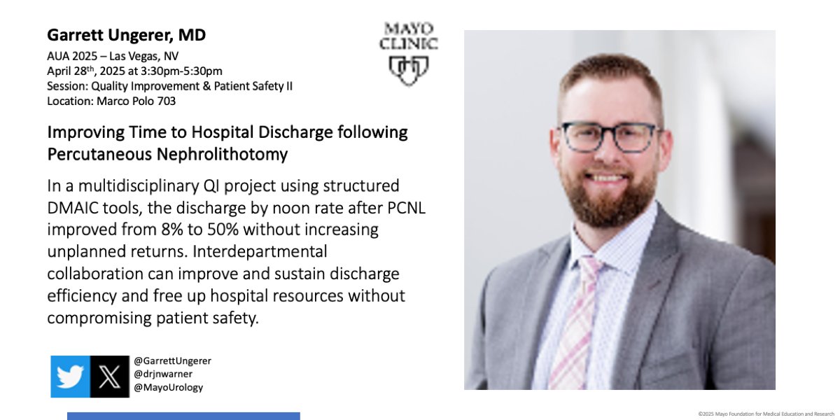 Mayo Clinic Urology (@mayourology) on Twitter photo Monday at the 3:30 pm poster session, don't miss @garrettungerer presenting "Improving Time to Hospital Discharge Following Percutaneous Nephrolithotomy"
Monday, April 28, 3:30 pm
Marco Polo 701
#AUA25 <a href="/AmerUrological/">Amer. Urol. Assn.</a> <a href="/drjnwarner/">Jonathan Warner</a> <a href="/kvnkoo/">Kevin Koo</a> <a href="/potretzke/">Aaron Potretzke</a> Monday at the 3:30 pm poster session, don't miss @garrettungerer presenting "Improving Time to Hospital Discharge Following Percutaneous Nephrolithotomy"
Monday, April 28, 3:30 pm
Marco Polo 701
#AUA25 <a href="/AmerUrological/">Amer. Urol. Assn.</a> <a href="/drjnwarner/">Jonathan Warner</a> <a href="/kvnkoo/">Kevin Koo</a> <a href="/potretzke/">Aaron Potretzke</a>