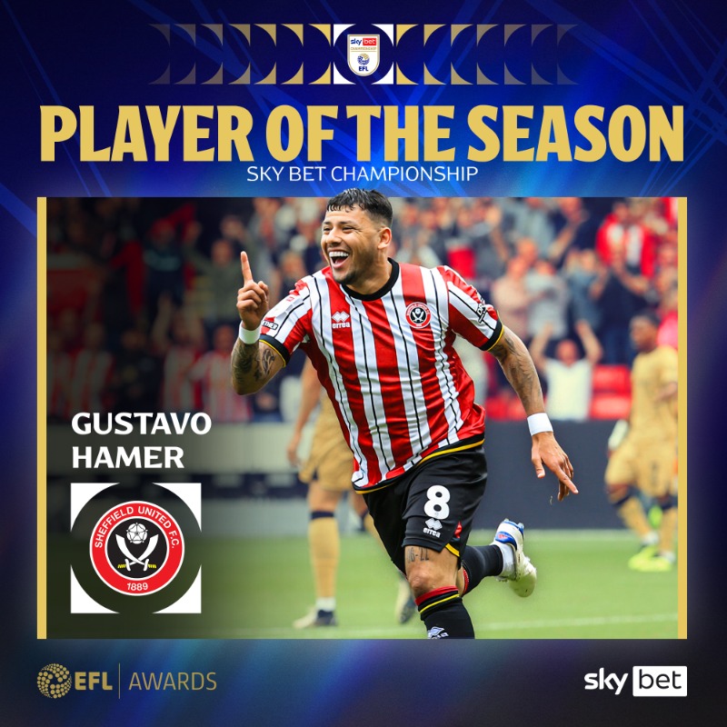 SkyBetChamp's tweet photo. 🏆 The @SkyBet Championship Player of the Season is @SheffieldUnited's Gustavo Hamer! 👏

📺 Watch LIVE on @SkyFootball 

#EFL | #EFLAwards