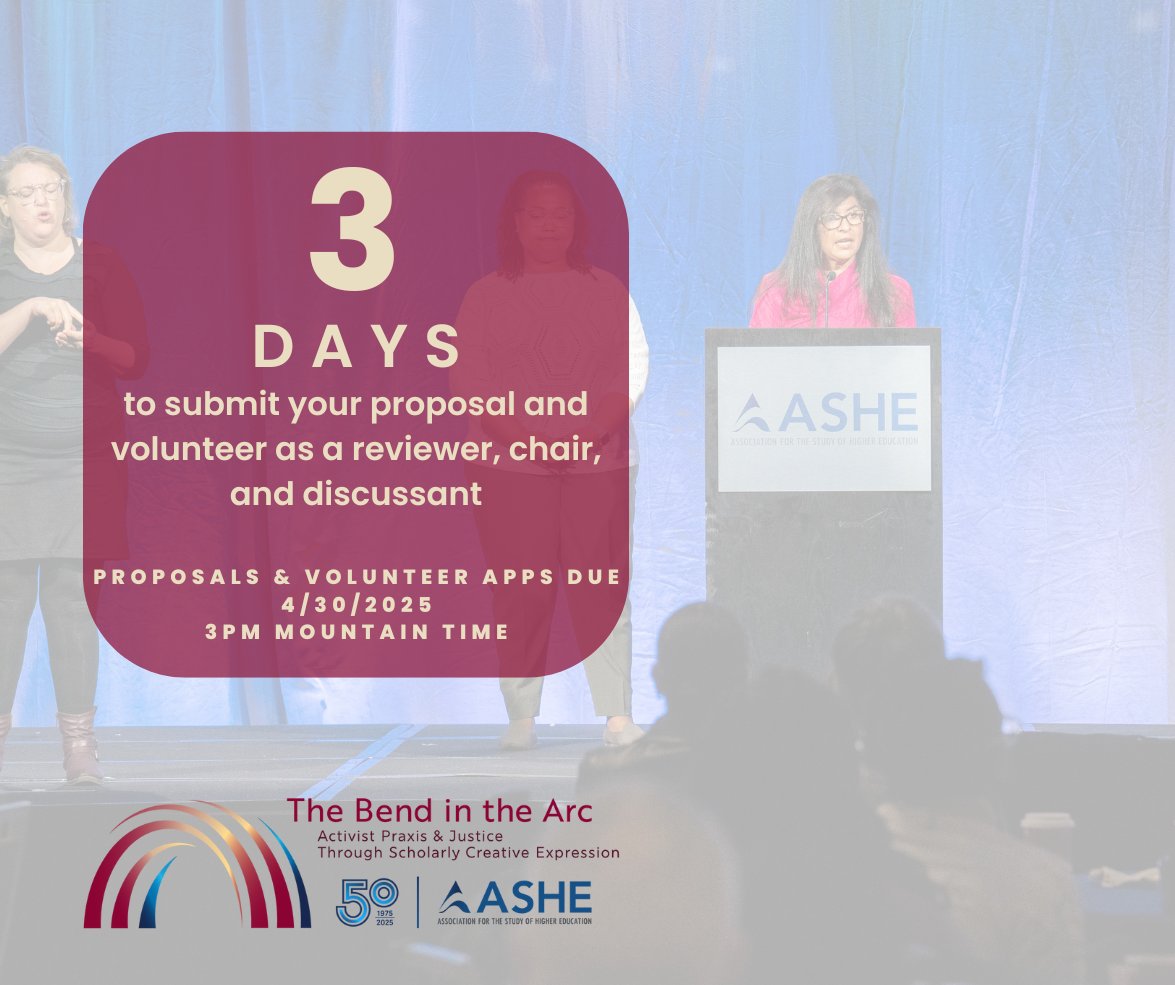 📢 3 days left! Once proposal submissions are received, the Program Committee (ashe.ws/program-commit…) begins the peer review process. Want to know more? Visit ashe.ws/review-process to read about this crucial component of the conference experience.
