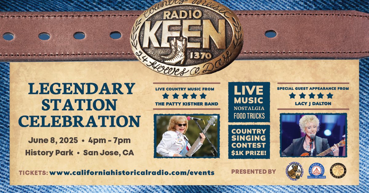 California Historical Radio Society (@calradiohistory) on Twitter photo We’re hosting a party June 8 for Radio KEEN at
<a href="/HistorySanJose/">History San Jose</a>! 🥳
californiahistoricalradio.com/event/legendar…
Radio KEEN won <a href="/BayAreaRadioHOF/">Bay Area Radio HOF</a>'s Legendary Station for 2025! 🤠
🌟Special appearance by Lacy J Dalton!
🎶Live music - Patty Kistner Band!
🍔<a href="/SofteeNorCal/">Mister Softee</a>/<a href="/RockClubBurgers/">Rock Club Burgers</a>!
🎤Karaoke! We’re hosting a party June 8 for Radio KEEN at
<a href="/HistorySanJose/">History San Jose</a>! 🥳
californiahistoricalradio.com/event/legendar…
Radio KEEN won <a href="/BayAreaRadioHOF/">Bay Area Radio HOF</a>'s Legendary Station for 2025! 🤠
🌟Special appearance by Lacy J Dalton!
🎶Live music - Patty Kistner Band!
🍔<a href="/SofteeNorCal/">Mister Softee</a>/<a href="/RockClubBurgers/">Rock Club Burgers</a>!
🎤Karaoke!