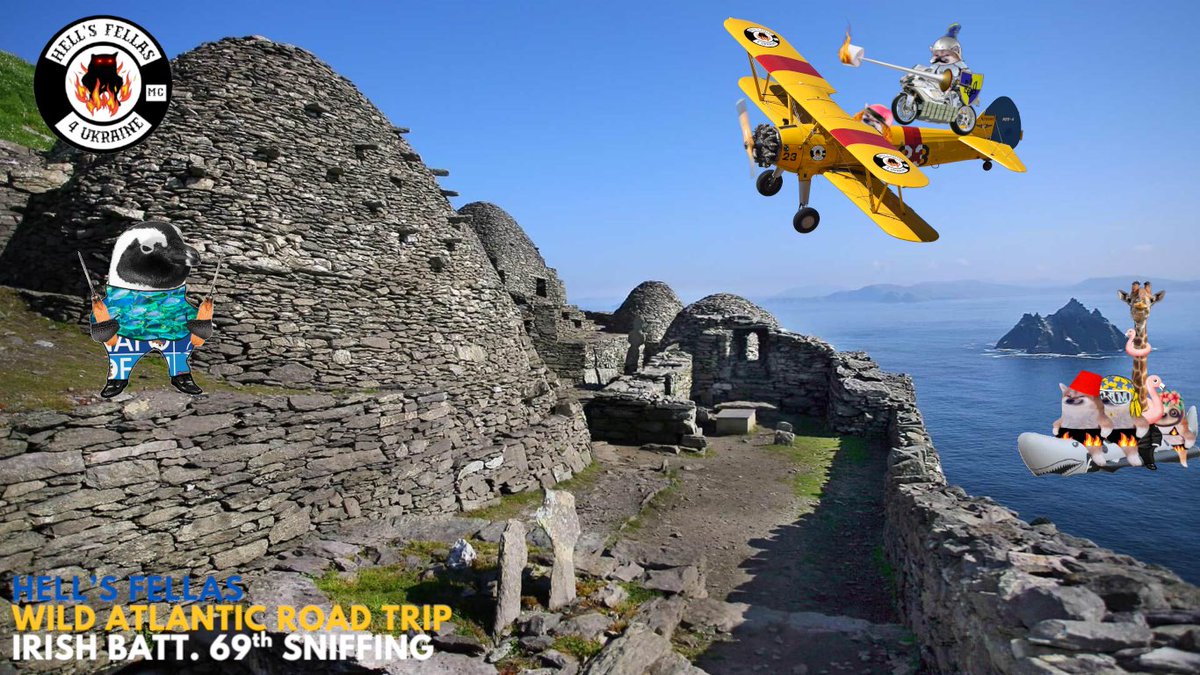 The fellas are trying to visit the Skelling Islands but a very angry penguin is holding them off. 
"Fuck off, Vance!" shouts <a href="/MimiPrague/">mimi 🎗🇺🇦🇬🇪</a>. 
<a href="/BeadworkbySian/">Siân Nolan</a>, bravely piloting the Hells Fellas biplane, explains that the Fellas are not attempting to annexe the islands.