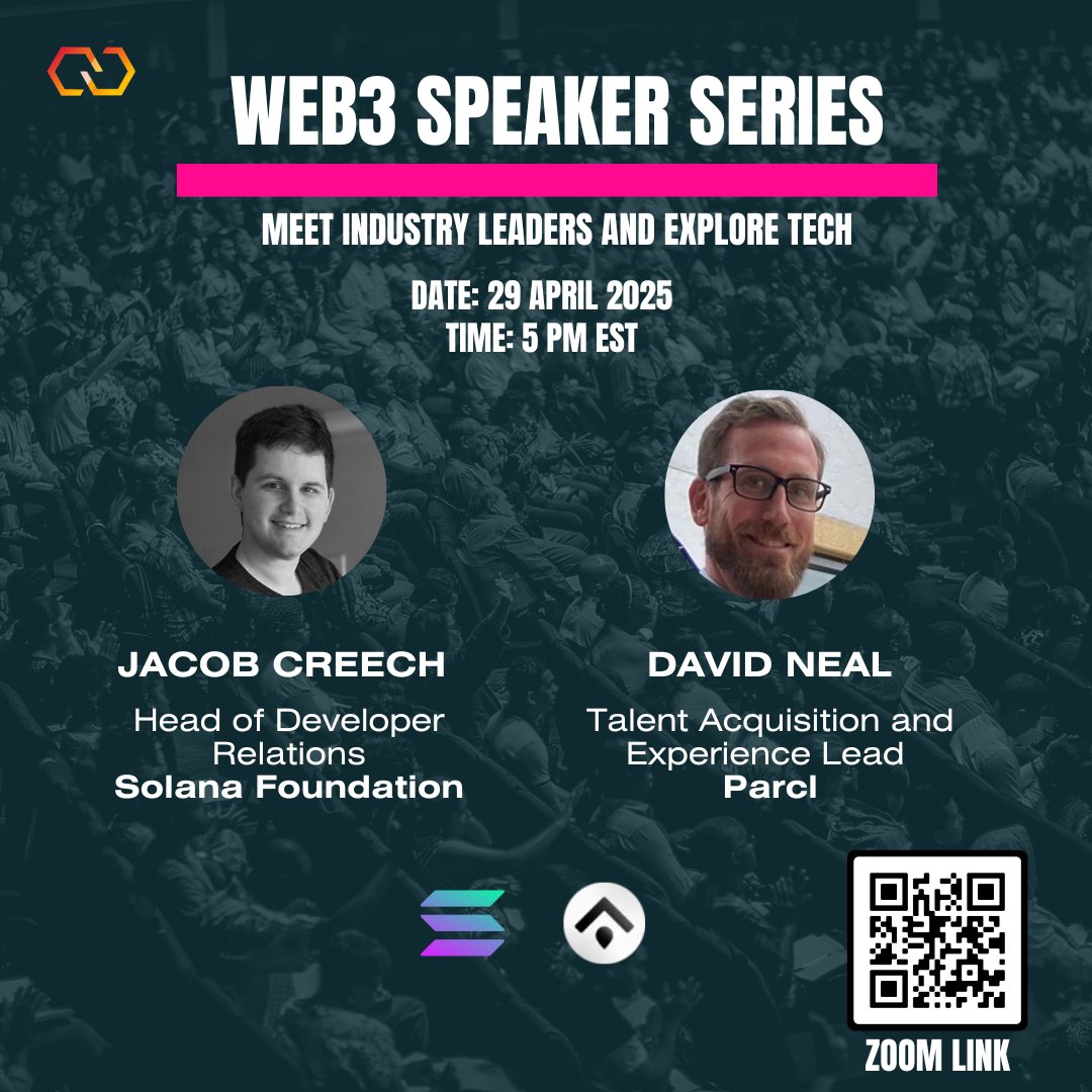 Blockchain at Maryland (@blockchainatumd) on Twitter photo Excited to host our first Web3 Panel discussion!
Joined by <a href="/SolanaFndn/">Solana Foundation</a>'s <a href="/jacobvcreech/">Jacob Creech</a> & <a href="/Parcl/">Parcl</a>'s <a href="/DaveNeal35/">Dave Neal</a>
🗓️ Details:
Date: 29 April 2025
Time: 5 pm EST
Link: Scan QR
We'll cover:
- Why Solana? (Speed, scalability, dev tool)
- RWAs: Tokenizing real estate
- Web3 careers Excited to host our first Web3 Panel discussion!
Joined by <a href="/SolanaFndn/">Solana Foundation</a>'s <a href="/jacobvcreech/">Jacob Creech</a> & <a href="/Parcl/">Parcl</a>'s <a href="/DaveNeal35/">Dave Neal</a>
🗓️ Details:
Date: 29 April 2025
Time: 5 pm EST
Link: Scan QR
We'll cover:
- Why Solana? (Speed, scalability, dev tool)
- RWAs: Tokenizing real estate
- Web3 careers