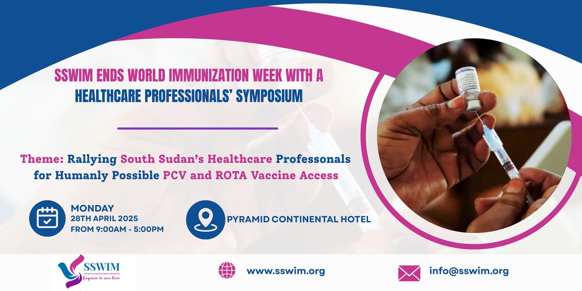 SSWIM_SSD's tweet photo. 𝐒𝐒𝐖𝐈𝐌 𝐢𝐬 𝐫𝐞𝐚𝐝𝐲!
Tomorrow, we host a one-day Healthcare Professionals' with 60+ participants to climax World Immunisation Week. Join us via Facebook and Youtube Livestream!
#HumanlyPossibleImmunisation #WorldImmunisationWeek #SouthSudan https://t.co/hLvqUTExWE