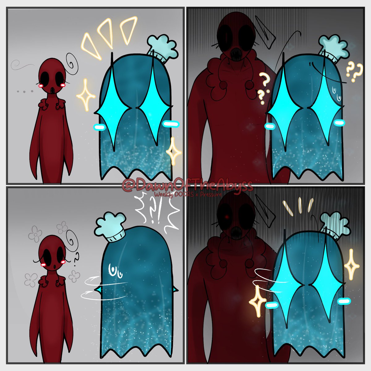 DawnOfTheAbyss's tweet photo. | WEEK 4 OF #DOORSxPressure 
“ The Halt and their scary, shy friend. ” 
#doorsroblox #doorsfanart #doorsrobloxHalt #pressureroblox #pressurefanart #pressureimaginaryfriend https://t.co/SOlb8Ch88B