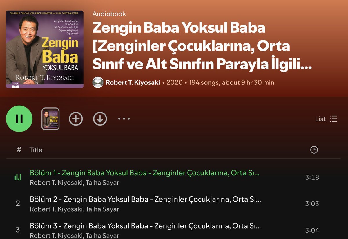 Zengin Baba Yoksul Baba kitabını okumadıysanız Spotify'da parçalara ayrılmış halde sesli kitabı mevcut.

Sonraki gönderimde linki paylaşıyorum.
