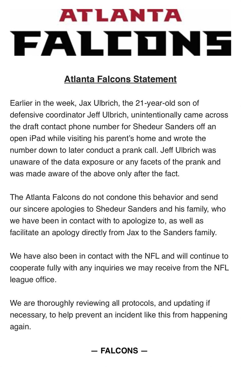BleacherReport's tweet photo. The Falcons say Jax Ulbrich "unintentionally" found the contact for Shedeur's draft phone on "an open iPad" and wrote the number down "to later conduct a prank call"

Atlanta says they are "thoroughly reviewing protocols" to ensure an incident like this does not happen again https://t.co/8zcEUzXjAV