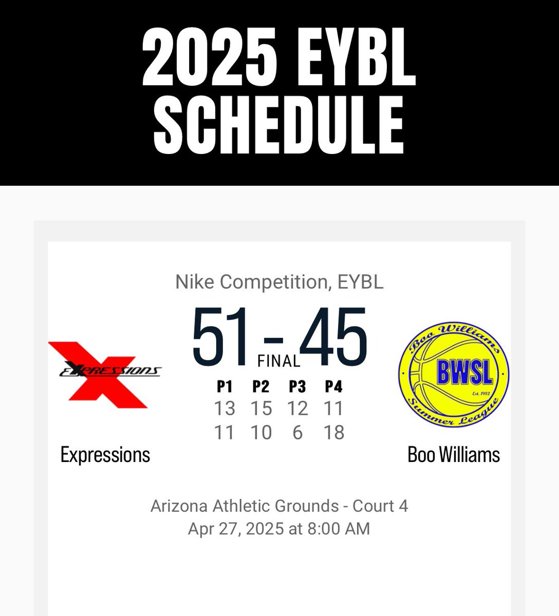 Expressions Elite Basketball (@expressionsball) on Twitter photo Expressions EYBL with the 51-41 victory over Boo Williams to go 2-1 at the <a href="/NikeEYB/">EliteYouthBasketball</a> S1 in Phoenix, AZ. <a href="/TerryJaxson/">Jaxson Terry</a> & <a href="/desthefuture11/">Desmond Bellot Jr</a> with 15 points each to lead the way. #InโWeTrust Expressions EYBL with the 51-41 victory over Boo Williams to go 2-1 at the <a href="/NikeEYB/">EliteYouthBasketball</a> S1 in Phoenix, AZ. <a href="/TerryJaxson/">Jaxson Terry</a> & <a href="/desthefuture11/">Desmond Bellot Jr</a> with 15 points each to lead the way. #InโWeTrust