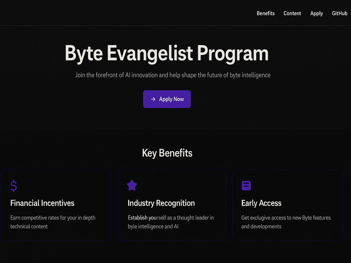 Neurobyte_ai's tweet image. Pioneer the Future of Byte Intelligence

Advance the Byte ecosystem by engineering high-impact technical content that empowers the global developer community.

⸻

Why Collaborate with Byte?

💰 | Monetize Your Expertise
Earn $byte tokens for producing sophisticated,…