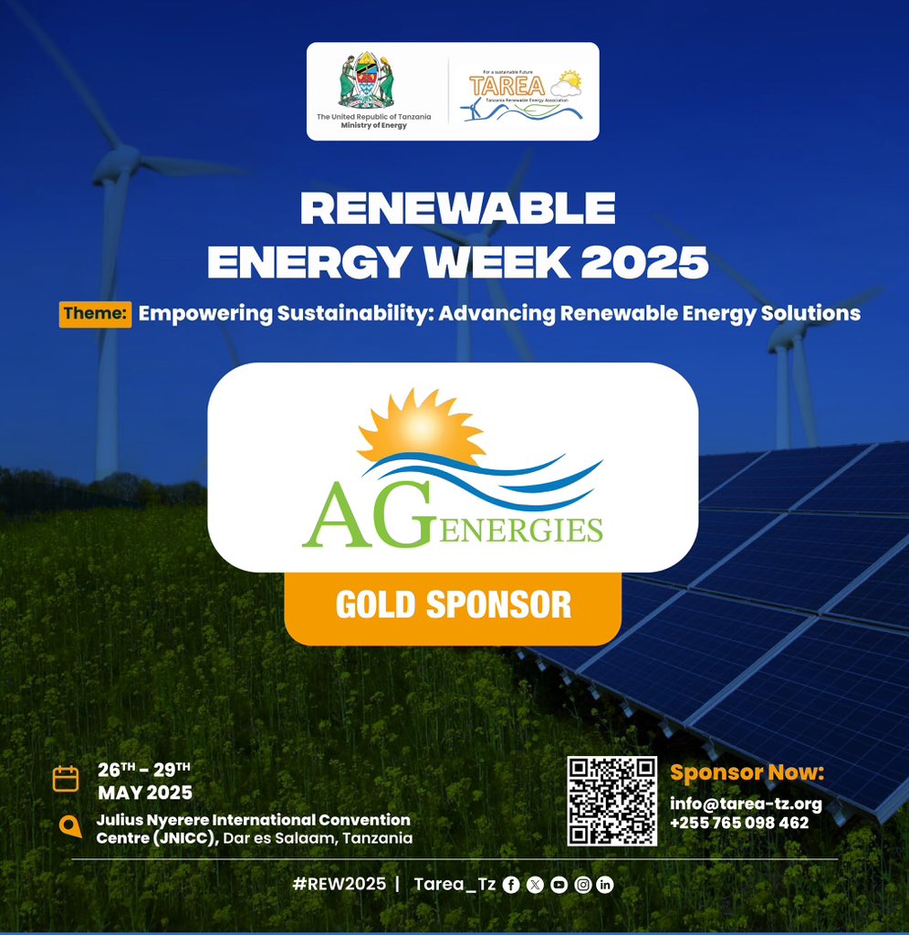💥💥SPONSOR ANNOUNCEMENT💥💥

TAREA is honored to announce <a href="/agenergiestz/">AG Energies</a> as the official GOLD sponsor for the Renewable Energy Week Event 2025
Let’s amplify our impact, ignite new possibilities and pave the way for a cleaner and more sustainable tomorrow 

RenewableEnergyWeek.or.tz