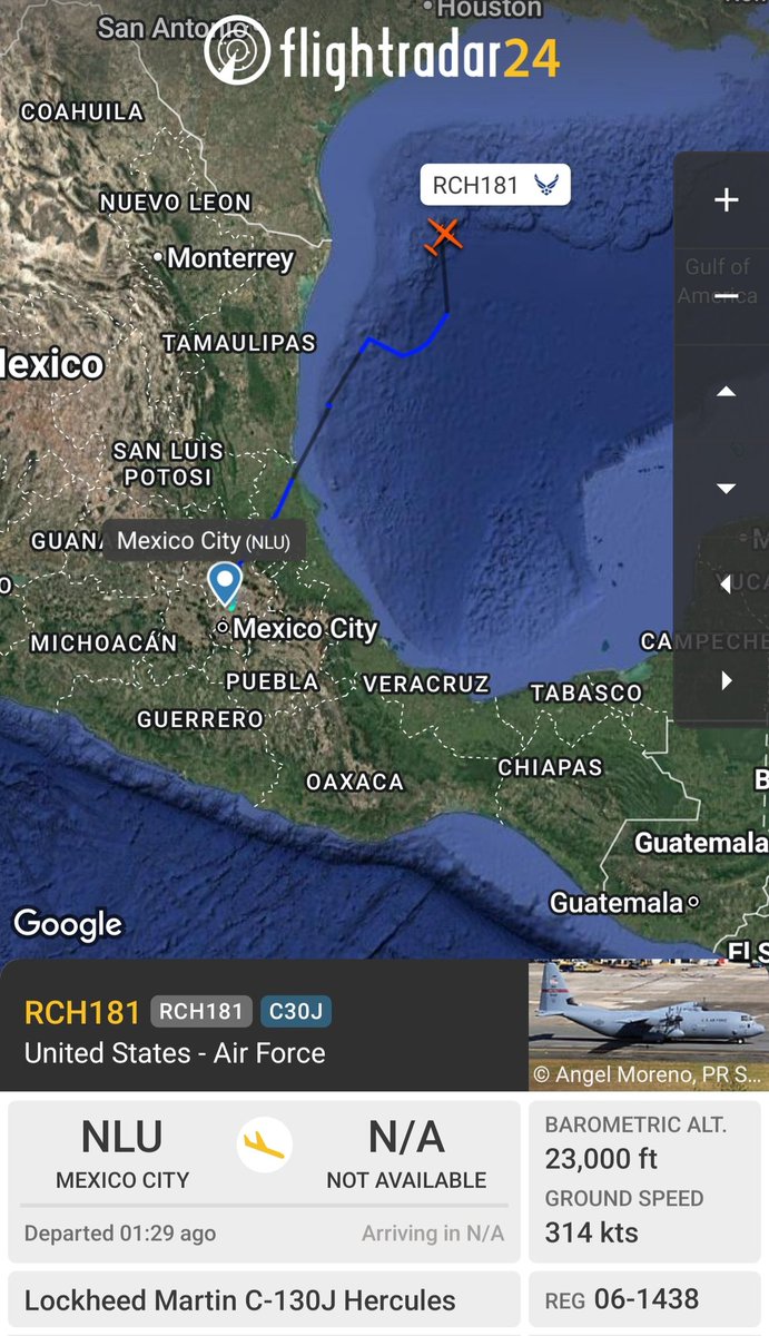 sipjack1776's tweet photo. C-130J
06-1438/RCH181
#AE1534
Out of Mexico City tracking NE over the Gulf of America 
@Borrowed7Time @natsecboogie @All_Source_News @LatAmMilMVMTs https://t.co/MDlBXjKlGo