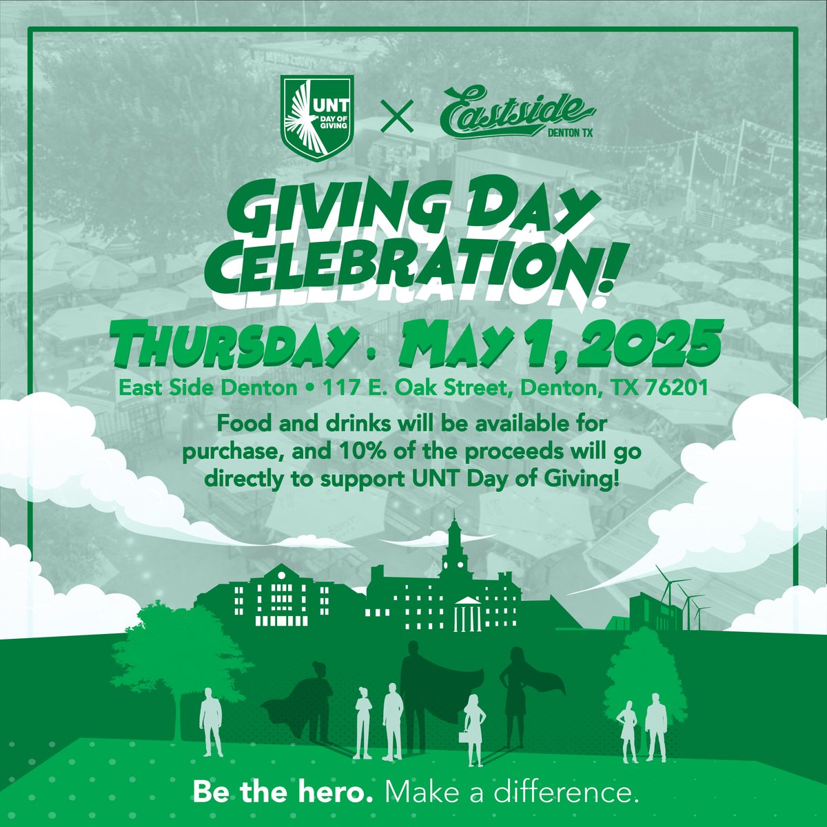 Join us this Thursday for a special celebration in honor of #UNTDayOfGiving2025! Stop by East Side Denton any time between 4 and 10 p.m. for a fun evening of gratitude, connection and celebration. Ten percent of the night's proceeds will directly support #UNTDayOfGiving2025!