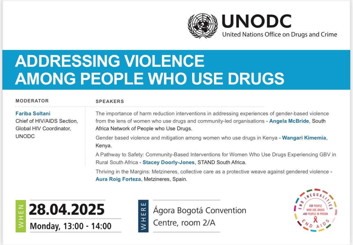 UNODC HIV (@unodc_hiv) on Twitter photo Join us at #HR25Bogotá for the workshop “Addressing the gender-based violence among people who use drugs”.
Monday 28 April, 13:00 – 14:00
Ágora Bogotá Convention Centre room 2/A.
Moderator:
<a href="/FaribaSoltani/">Fariba Soltani</a> <a href="/UNODC/">UN Office on Drugs & Crime</a> Join us at #HR25Bogotá for the workshop “Addressing the gender-based violence among people who use drugs”.
Monday 28 April, 13:00 – 14:00
Ágora Bogotá Convention Centre room 2/A.
Moderator:
<a href="/FaribaSoltani/">Fariba Soltani</a> <a href="/UNODC/">UN Office on Drugs & Crime</a>