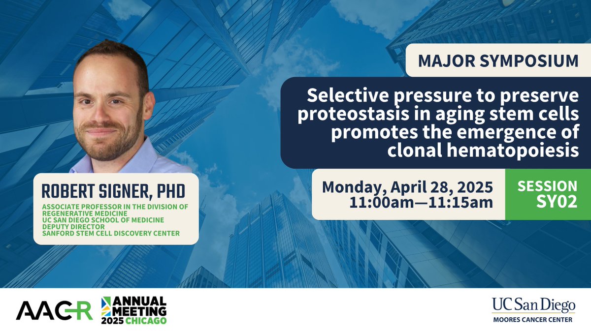 UC San Diego Health Moores Cancer Center (@ucsdcancer) on Twitter photo Tomorrow, MCC's <a href="/SignerLab/">Robert Signer</a> will present on how selective pressure to maintain proteostasis in aging stem cells drives the development of clonal hematopoiesis.
Don't miss his talk — and be sure to catch more of our Moores community at #AACR25! Tomorrow, MCC's <a href="/SignerLab/">Robert Signer</a> will present on how selective pressure to maintain proteostasis in aging stem cells drives the development of clonal hematopoiesis.
Don't miss his talk — and be sure to catch more of our Moores community at #AACR25!