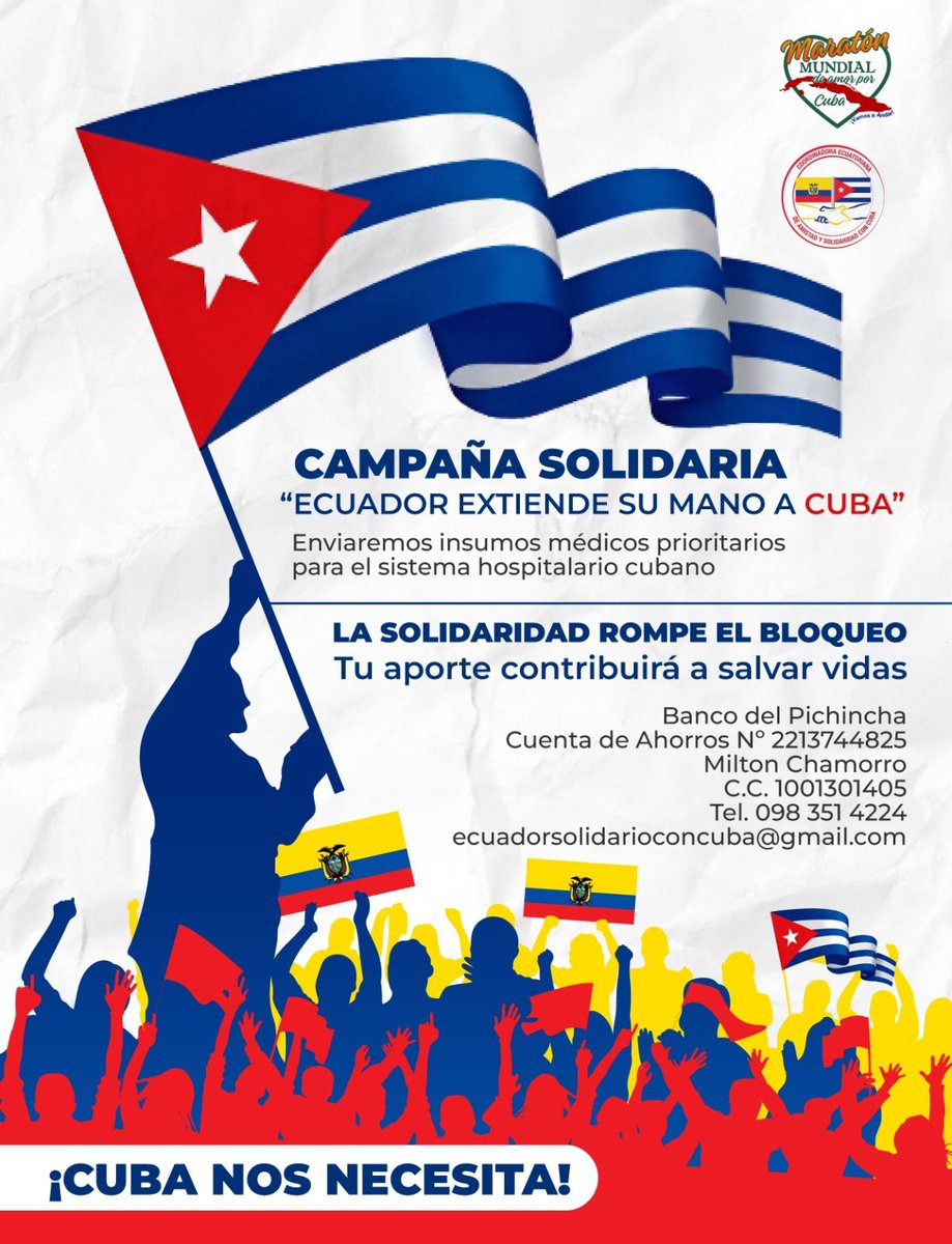 #Ecuador🇪🇨 extiende su mano a #Cuba🇨🇺 es el nombre de la campaña de solidaridad que promueven amigos de la isla en esta nación sudamericana en rechazo al bloqueo de Estados Unidos 

<a href="/EcuadorConCuba/">Ecuador con Cuba</a> 
<a href="/PrensaLatina_cu/">Prensa Latina</a> 
<a href="/fernando5hicap/">Fernando5hICAP</a>