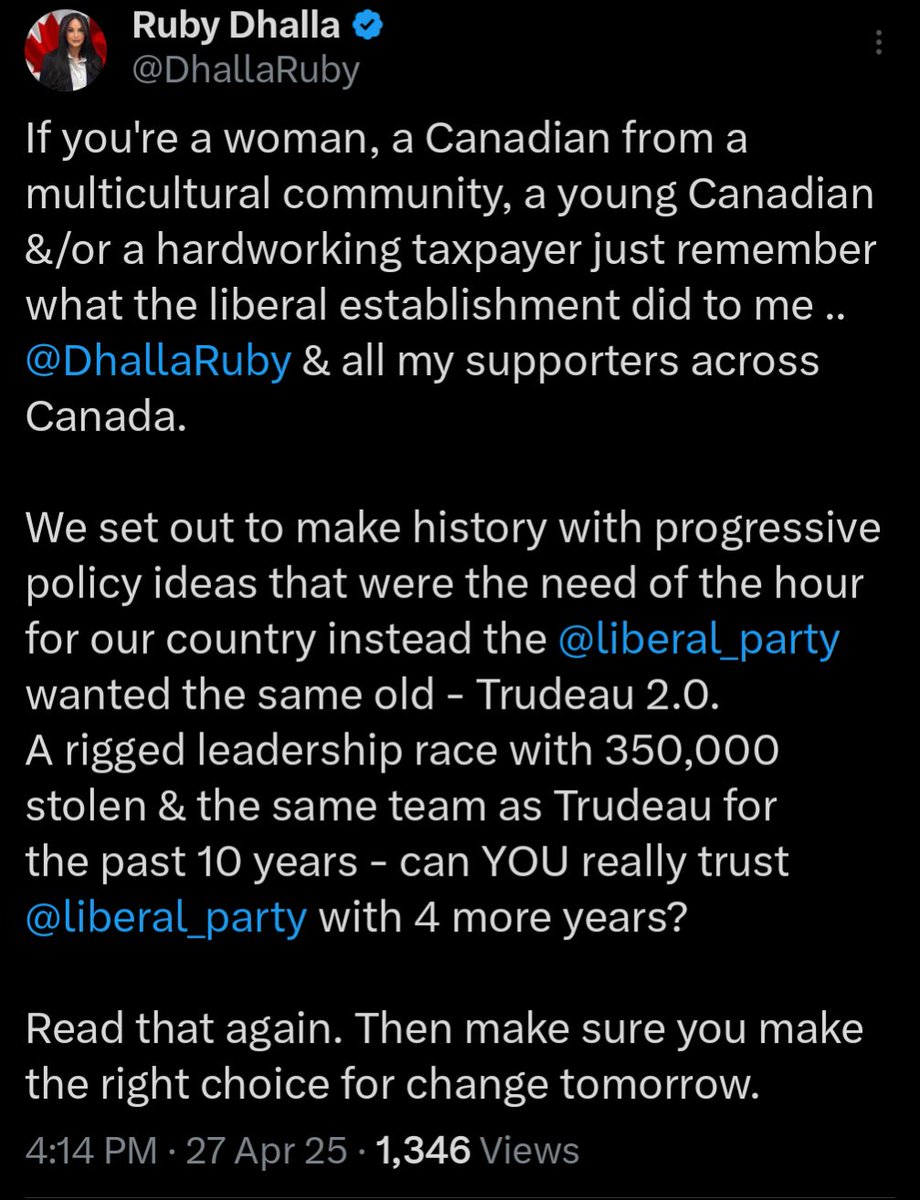 BREAKING!!!!!

Ruby Dhalla who was running for the leader of the Liberal Party until they screwed her over has official endorsed Pierre....Let's Goooooo.