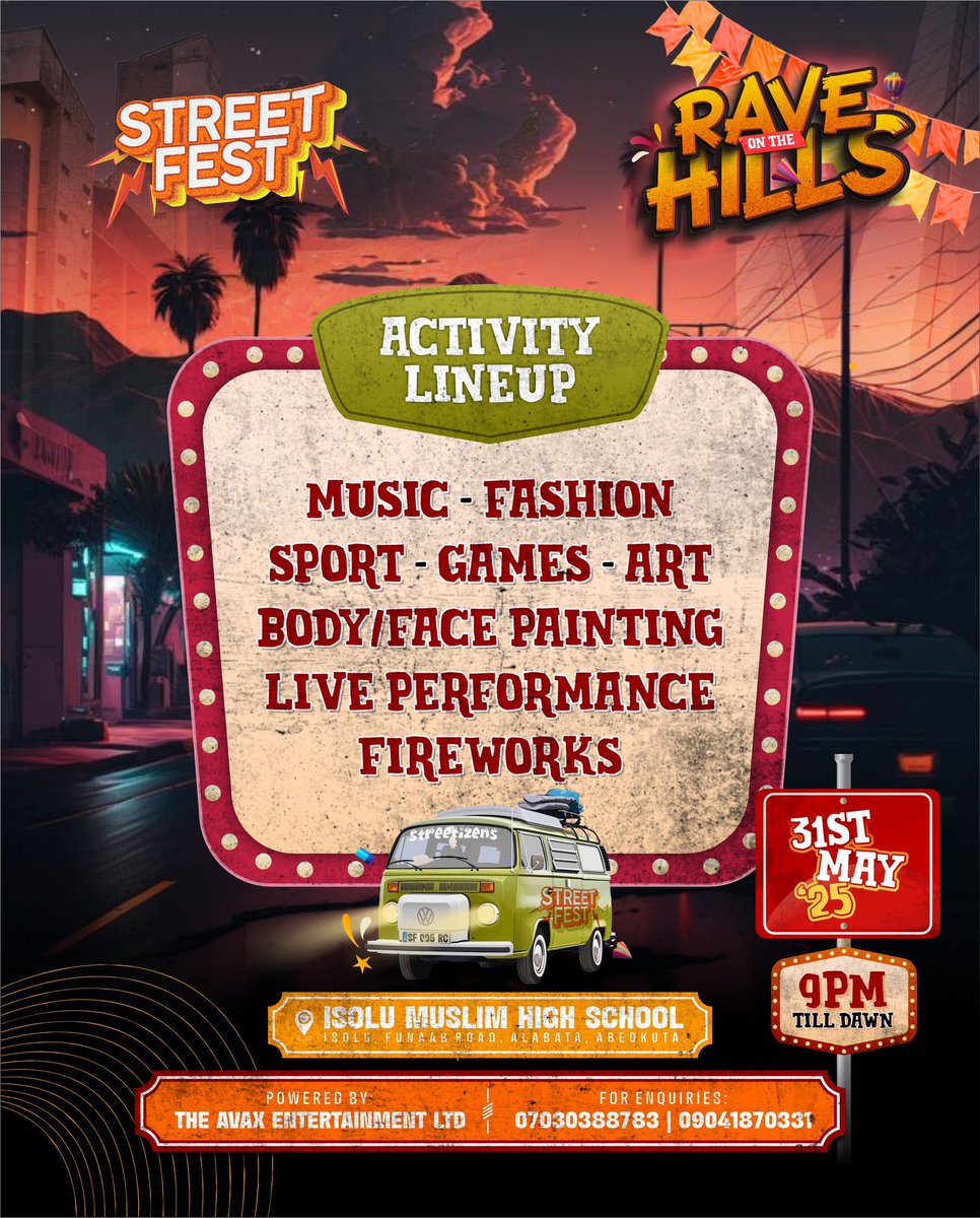 lagosbwoyng's tweet photo. STREETFEST 5.0🧡
Celebrating 5 Years of Street Culture & Unforgettable Moments. Pull up and be part of the celebration!🥳
#StreetFest🎇
#RaveOnTheHills 🌋 https://t.co/T2o1l2AYMY