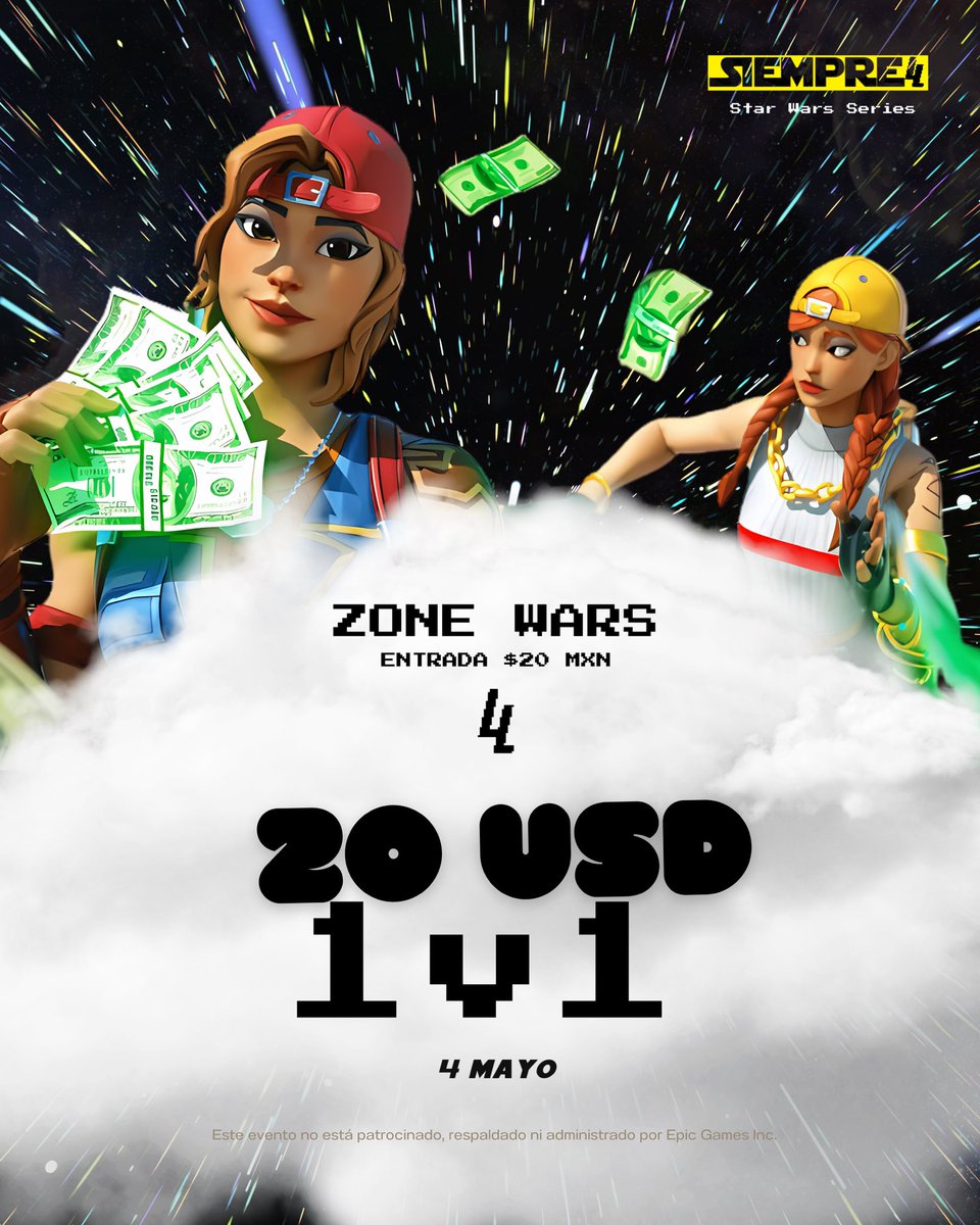 TeamLlyrdem's tweet photo. 1V1 ZONE WARS TOURNAMENT 
🏆 Prize pool: 20 USD 
#StarWarsSeries🚀

Enfréntate ante los mejores de la comunidad en un formato único de competencia.

▪️Sigue a @llyrdemmx y @llycreativo 
▪️Menciona a 4 amigos (no famosos)
▪️Dale like a este post 
▪️Repostea este post

#SiempreLLY https://t.co/WvUYMENrt1
