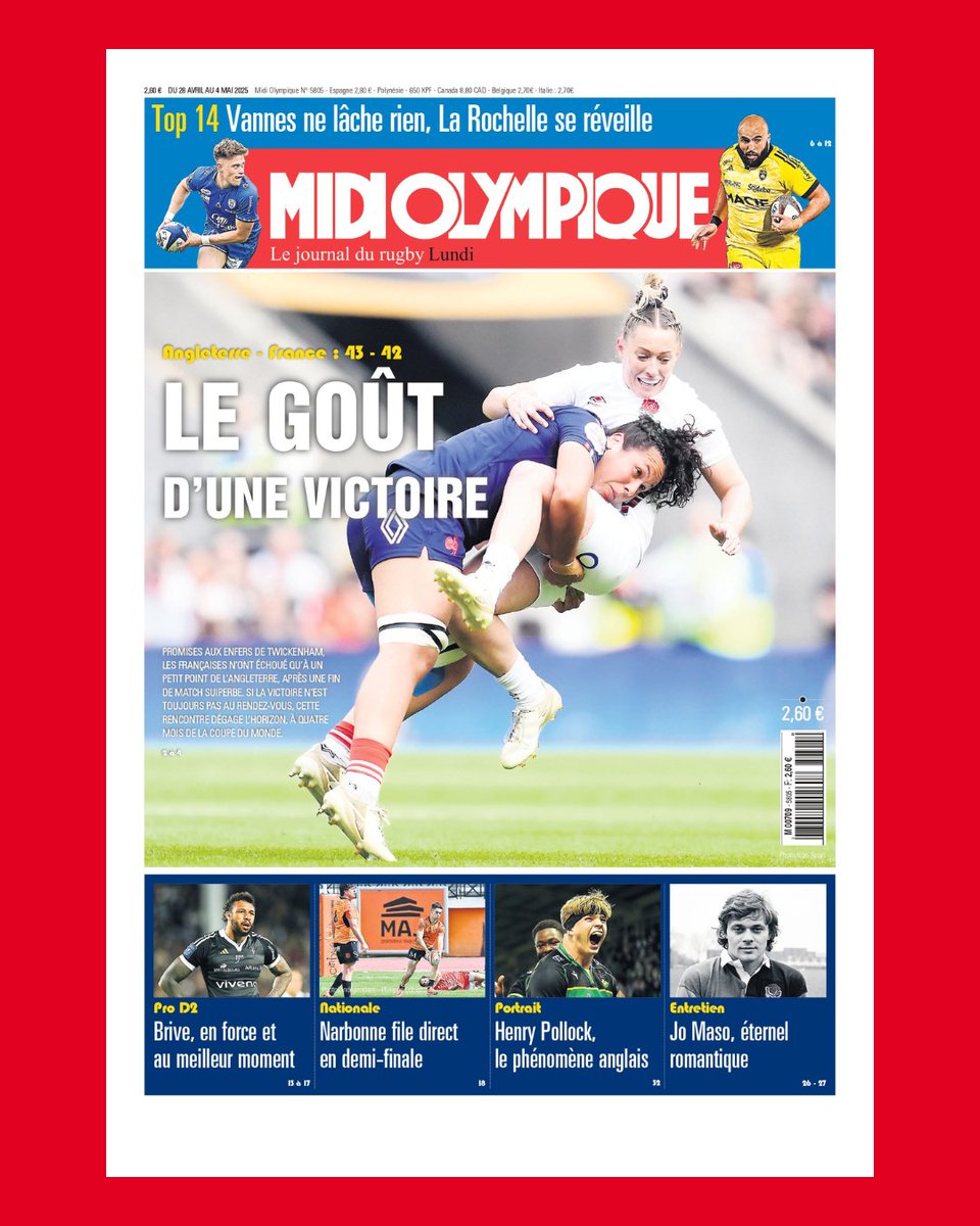 Le goût d'une victoire😢🇫🇷 en Une du Midi Olympique

Le journal ➡️ kiosque.midi-olympique.fr