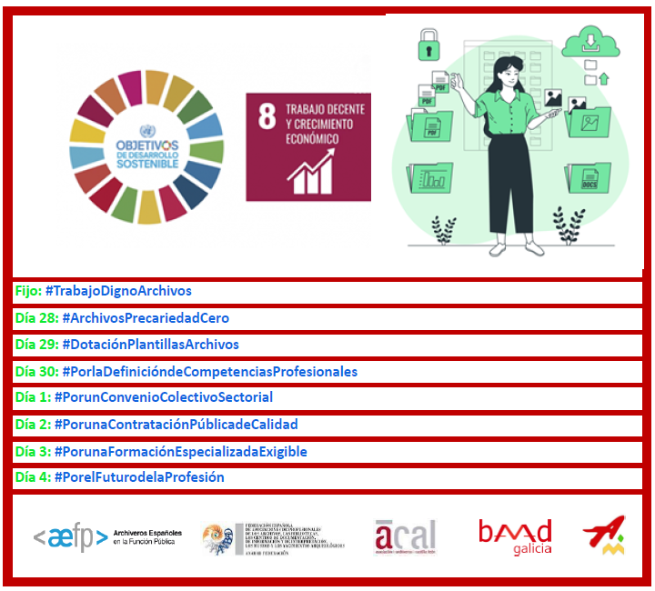 A lo largo de esta semana damos voz a la campaña #TrabajoDignoArchivos para promover el crecimiento económico sostenido, inclusivo y sostenible al empleo pleno y el trabajo decente desde la profesión archivística siguiendo uno de los objetivos de Desarrollo Sostenible.