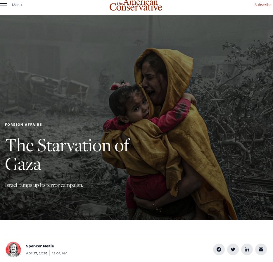 Chris Brunet (@realchrisbrunet) on Twitter photo Another brave article today from <a href="/amconmag/">The American Conservative</a>:
The Starvation of Gaza: Israel ramps up its terror campaign.
''Nothing has entered Gaza for more than 50 days. Charity kitchens are warning they are only days away from shuttering services. Two million people on the brink. We are Another brave article today from <a href="/amconmag/">The American Conservative</a>:
The Starvation of Gaza: Israel ramps up its terror campaign.
''Nothing has entered Gaza for more than 50 days. Charity kitchens are warning they are only days away from shuttering services. Two million people on the brink. We are