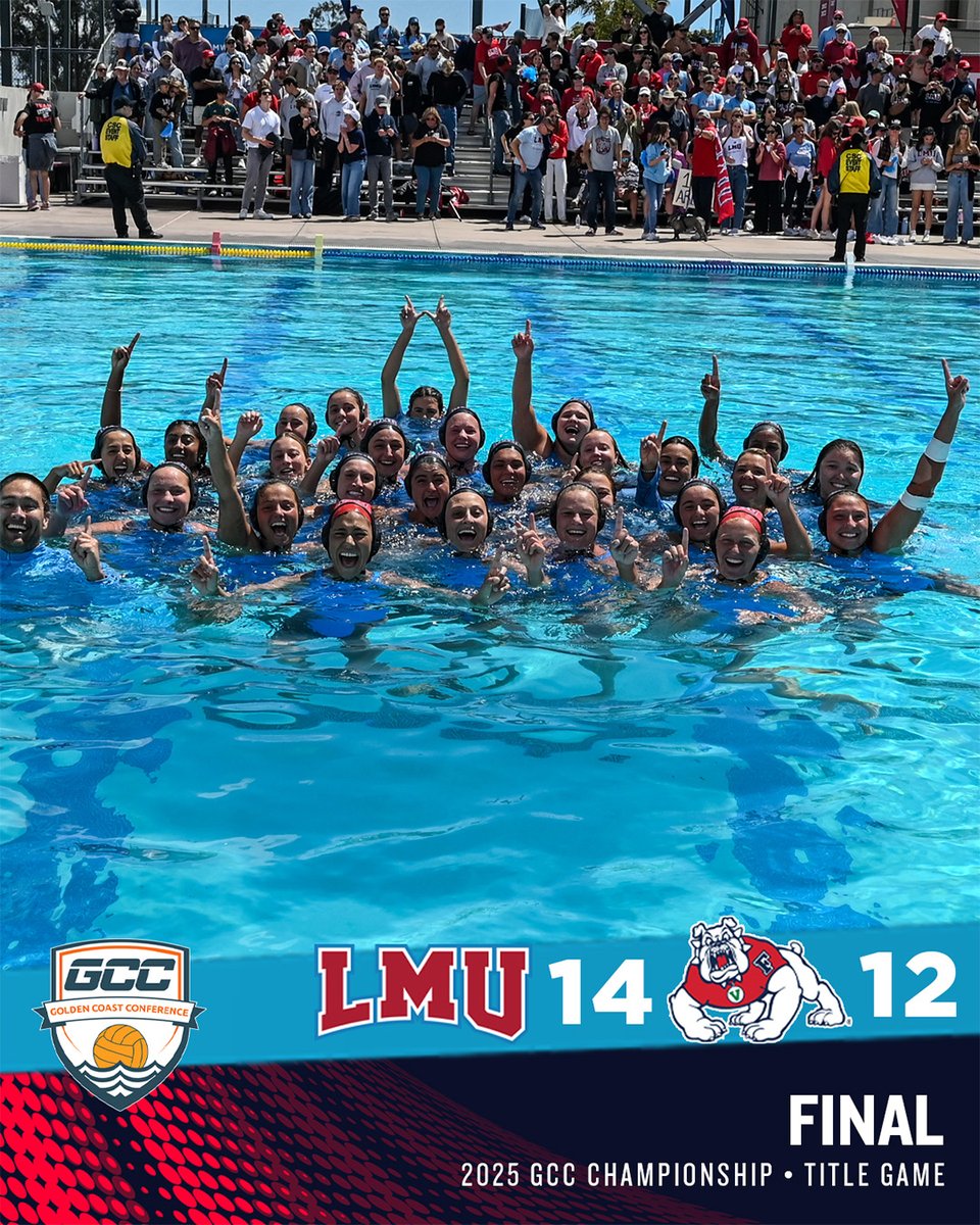 GCC Water Polo (@gccwp) on Twitter photo CHAMPS! <a href="/lmulionsPolo/">LMU Water Polo</a> earns 2025 GCC Tournament Title with 14-12 win over @fresnostatewp in the title game in their home pool. It is the Lions third GCC tourney title, first since 2015. They earn the automatic bid to the NCAA tournament. #ncaawaterpolo CHAMPS! <a href="/lmulionsPolo/">LMU Water Polo</a> earns 2025 GCC Tournament Title with 14-12 win over @fresnostatewp in the title game in their home pool. It is the Lions third GCC tourney title, first since 2015. They earn the automatic bid to the NCAA tournament. #ncaawaterpolo