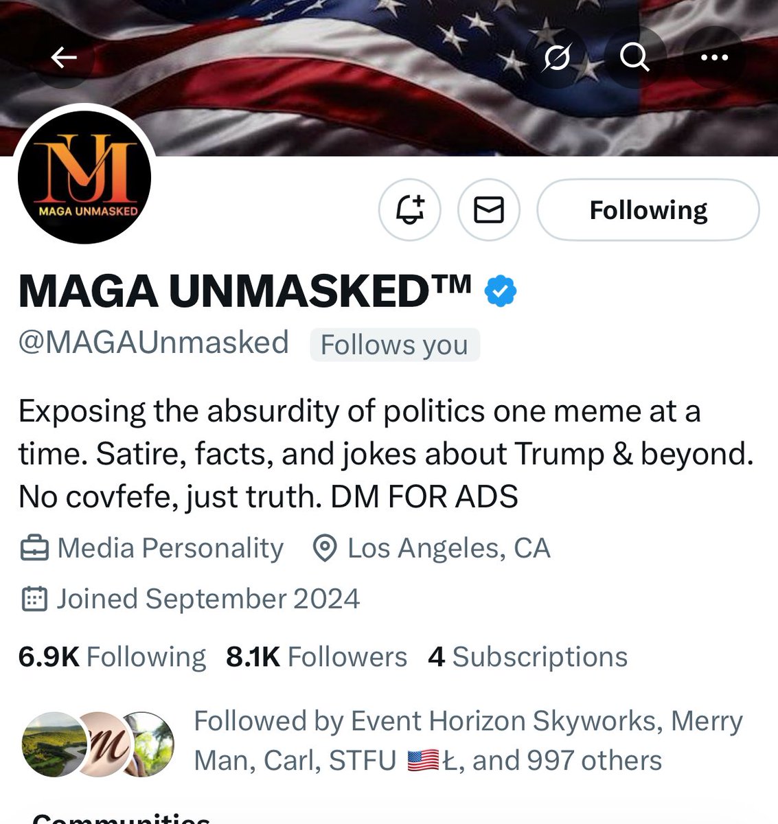 Please support ⁦@MAGAUnmasked⁩ they are following back.