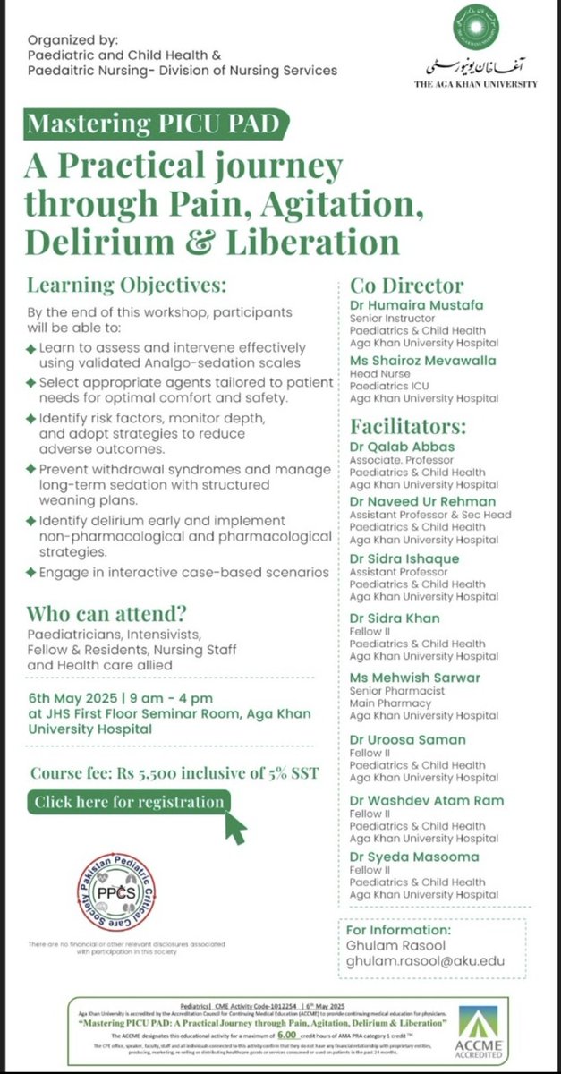 🚨 PICU Workshop Alert!
Join us for Mastering PICU PAD – a deep dive into managing Pain, Agitation, Delirium &amp; Withdrawal in critically ill children.

📅 6 May | 🕘 9AM–4PM
📍 AKUH, Karachi | 🎓 6 CME Credits
💵 Rs 5,500 (incl. SST)

👨‍⚕️ Led by a powerhouse PICU team: physicians,