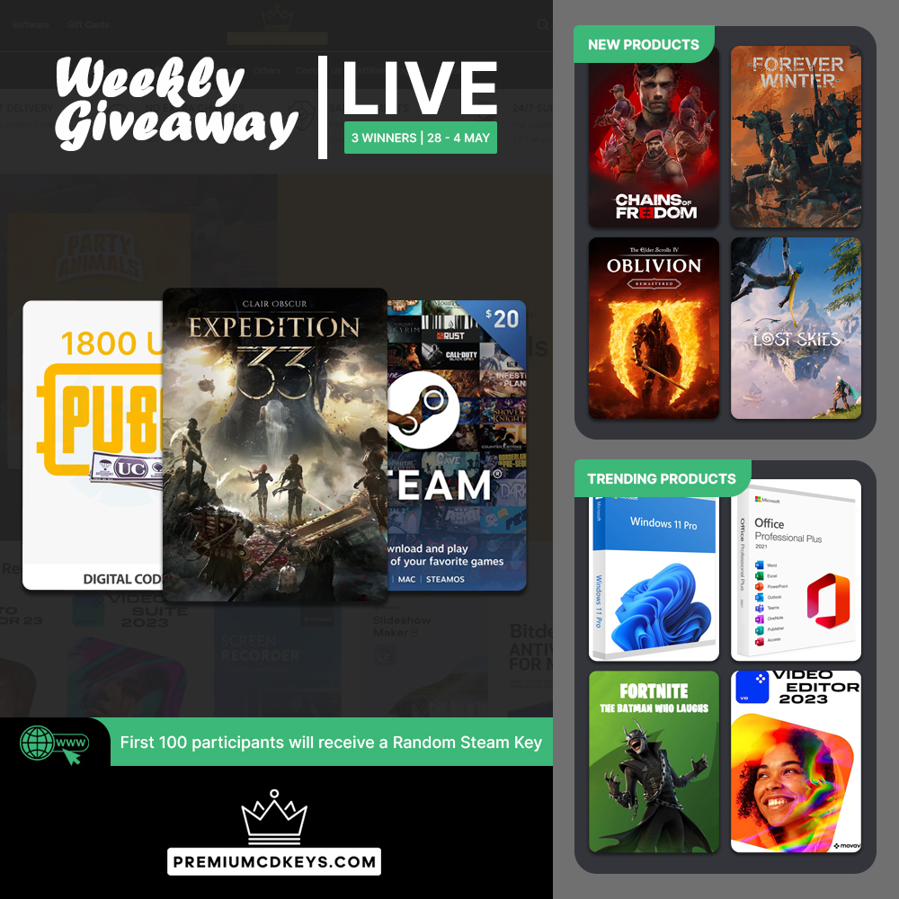 premiumcdkeys's tweet image. Our Weekly #Giveaway is Live!

Participate for a chance to win Clair Obscur Expedition 33 Steam, #Steam $20 USD Gift Card and #PUBG Mobile 1800 UC Gift Card.

To participate visit: premiumcdkeys.com/pages/weekly-g…

#Contest ends on 04 May 2025, 3 Winners will be selected randomly!…