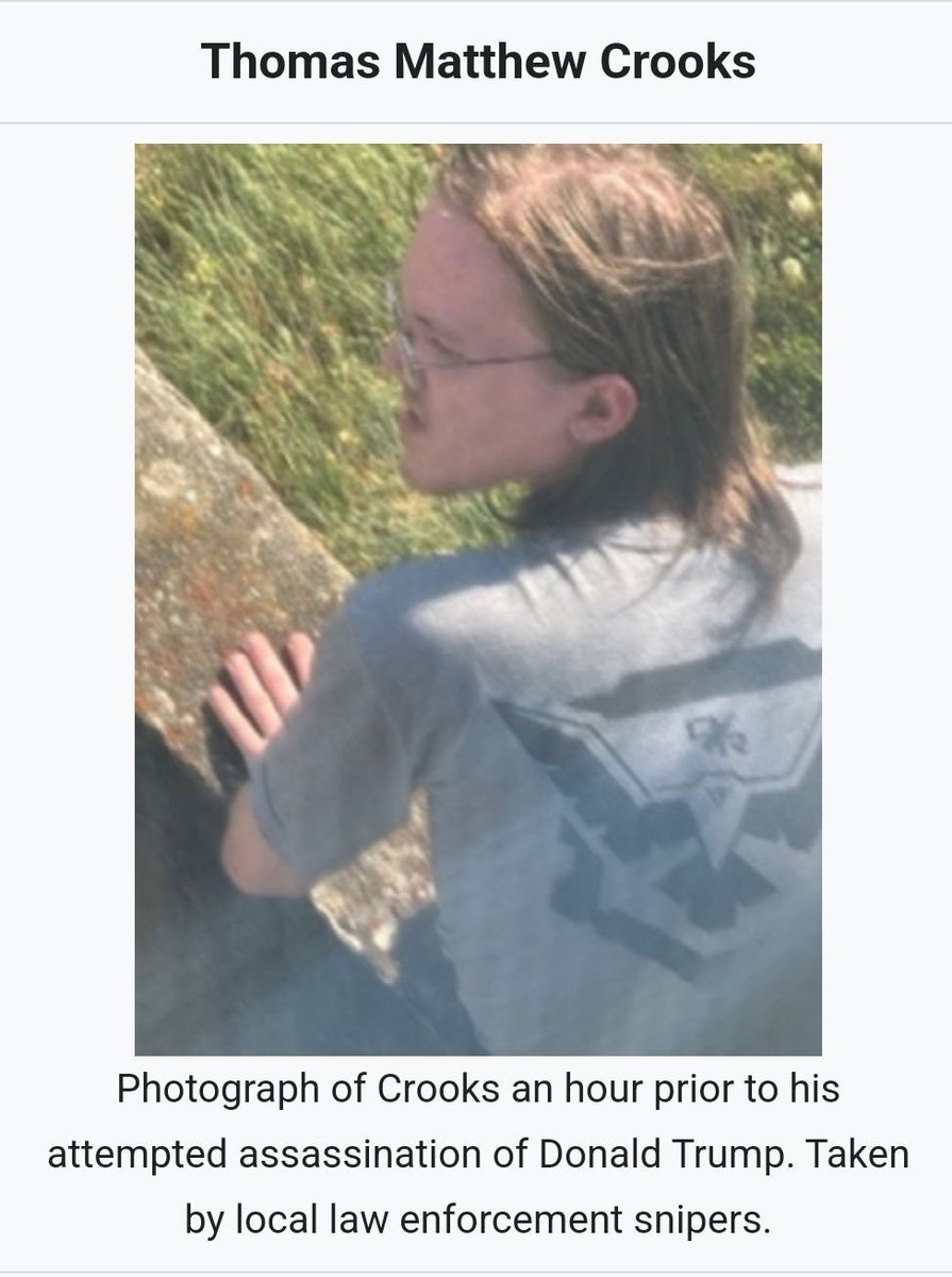 It was all set up and I am not falling for it. They groomed him and killed him to keep Trump in Power. 

Say his name Media. Thomas Matthew Crooks because Donald J Trump killed him.

Time to get back to reality folks.